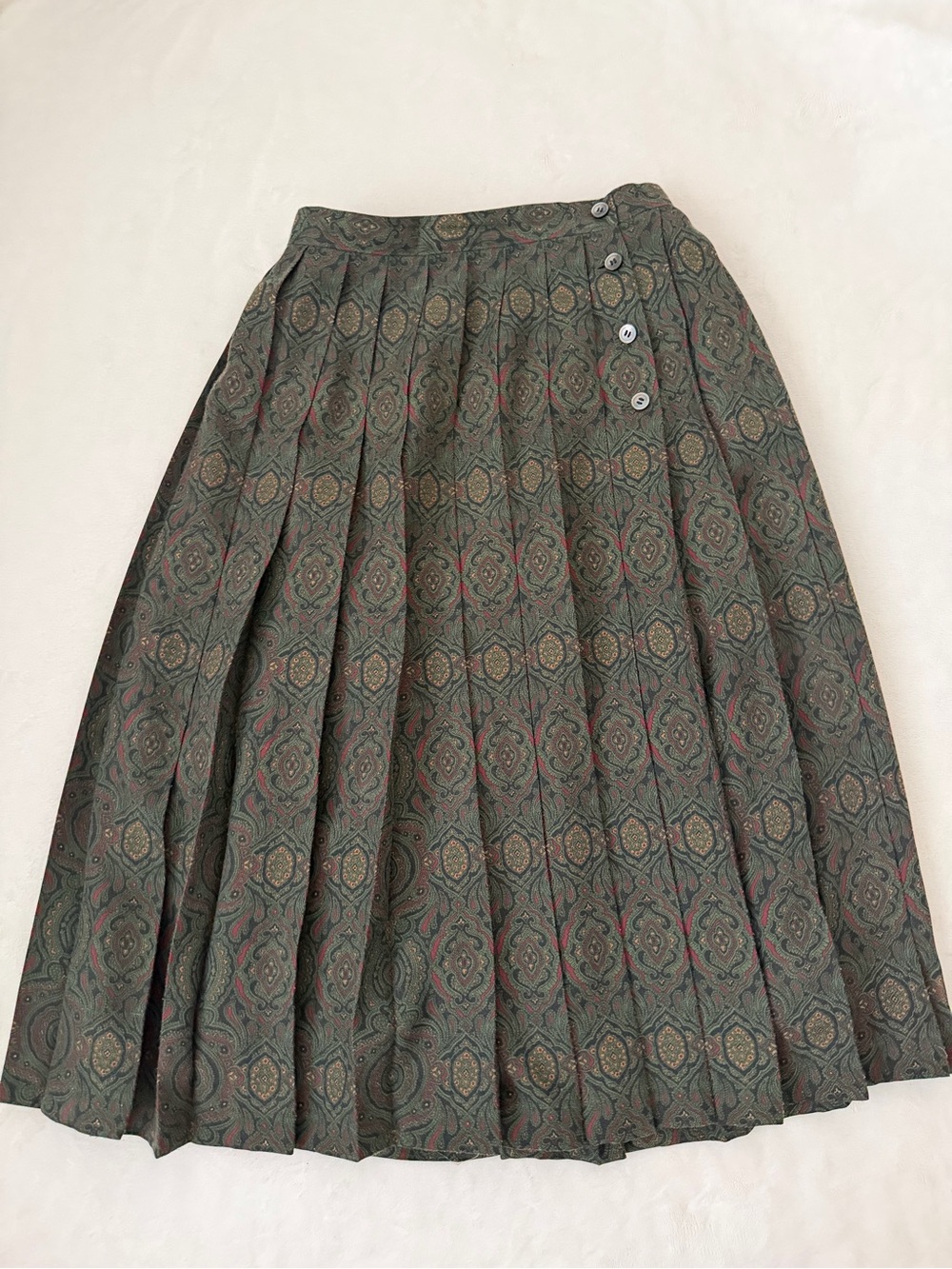 Vintage Toffs Made in Japan Wool Blend Paisley Pleated Midi Skirt Green Sz 9/10